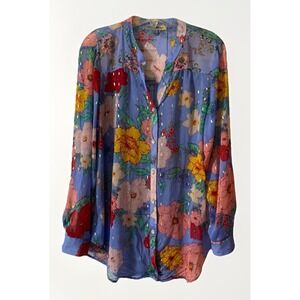 Figueroa & Flower  Sheer Blouse Top Blue Floral Gold Long Roll Tab Women's Large